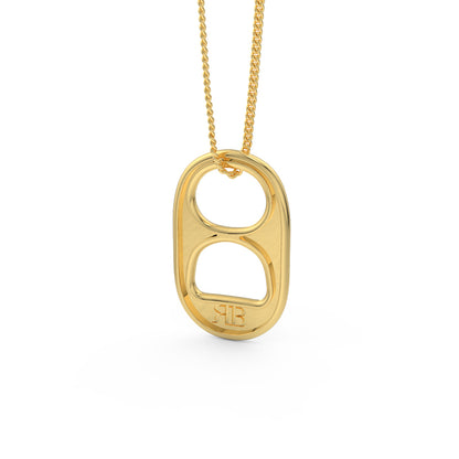 Back view of a 14kt yellow gold soda tab on a matching chain. On the back of the soda tab on the bottom is the "RB" logo