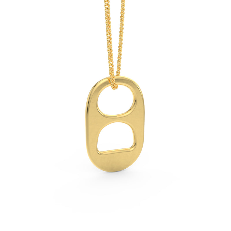 Front view of a 14kt yellow gold soda tab on a matching chain