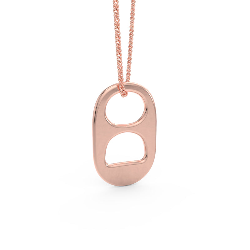 Front view of a 14kt rose gold soda tab on a matching chain