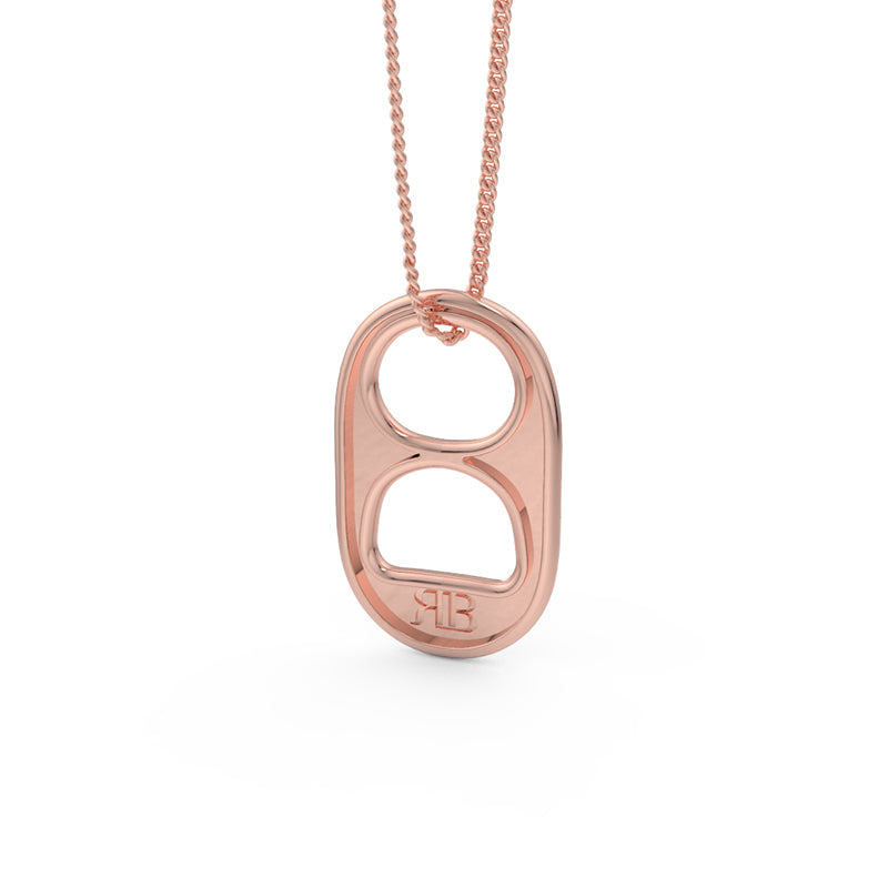 Back view of a 14kt rose gold soda tab on a matching chain. On the back of the soda tab on the bottom is the "RB" logo