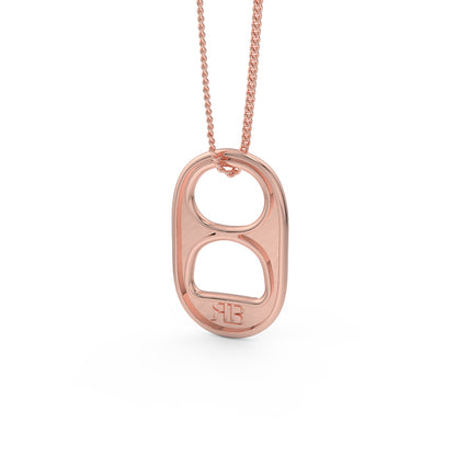 Back view of a 14kt rose gold soda tab on a matching chain. On the back of the soda tab on the bottom is the "RB" logo