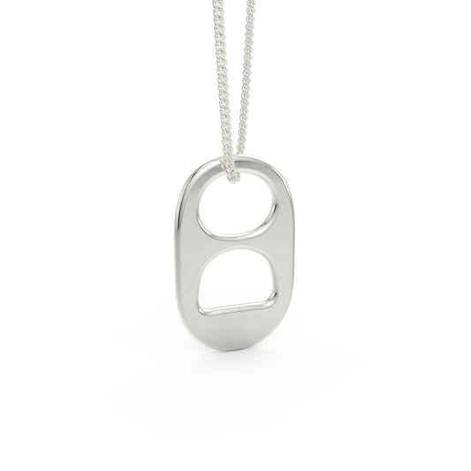 Front view of a solid .925 sterling silver soda tab on a matching chain