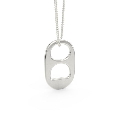 Front view of a 14kt white gold soda tab on a matching chain