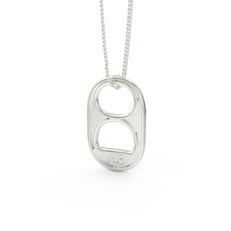 Back view of a 14kt white gold soda tab on a matching chain. On the back of the soda tab on the bottom is the "RB" logo