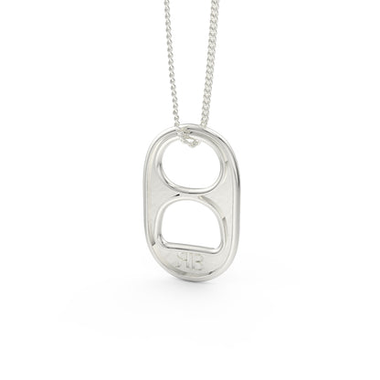 Back view of a 14kt white gold soda tab on a matching chain. On the back of the soda tab on the bottom is the "RB" logo