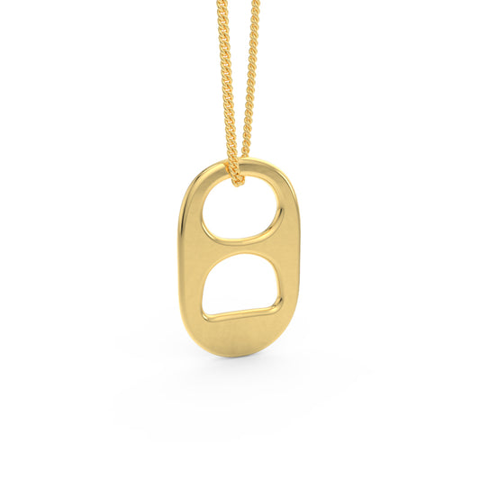 Front view of a 14kt yellow gold soda tab on a matching chain