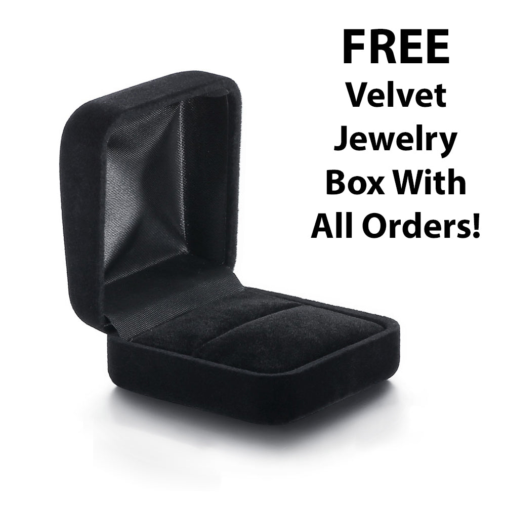 Picture of the free velvet jewelry box. The box is approximated 2x2x1 inches. Text says "Free Velvet Jewelry Box With All Orders!"